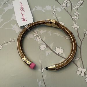 Betsey Johnson Open Hinge Enamel Pencil Bangle Bracelet Gold W Pink Eraser NEW
